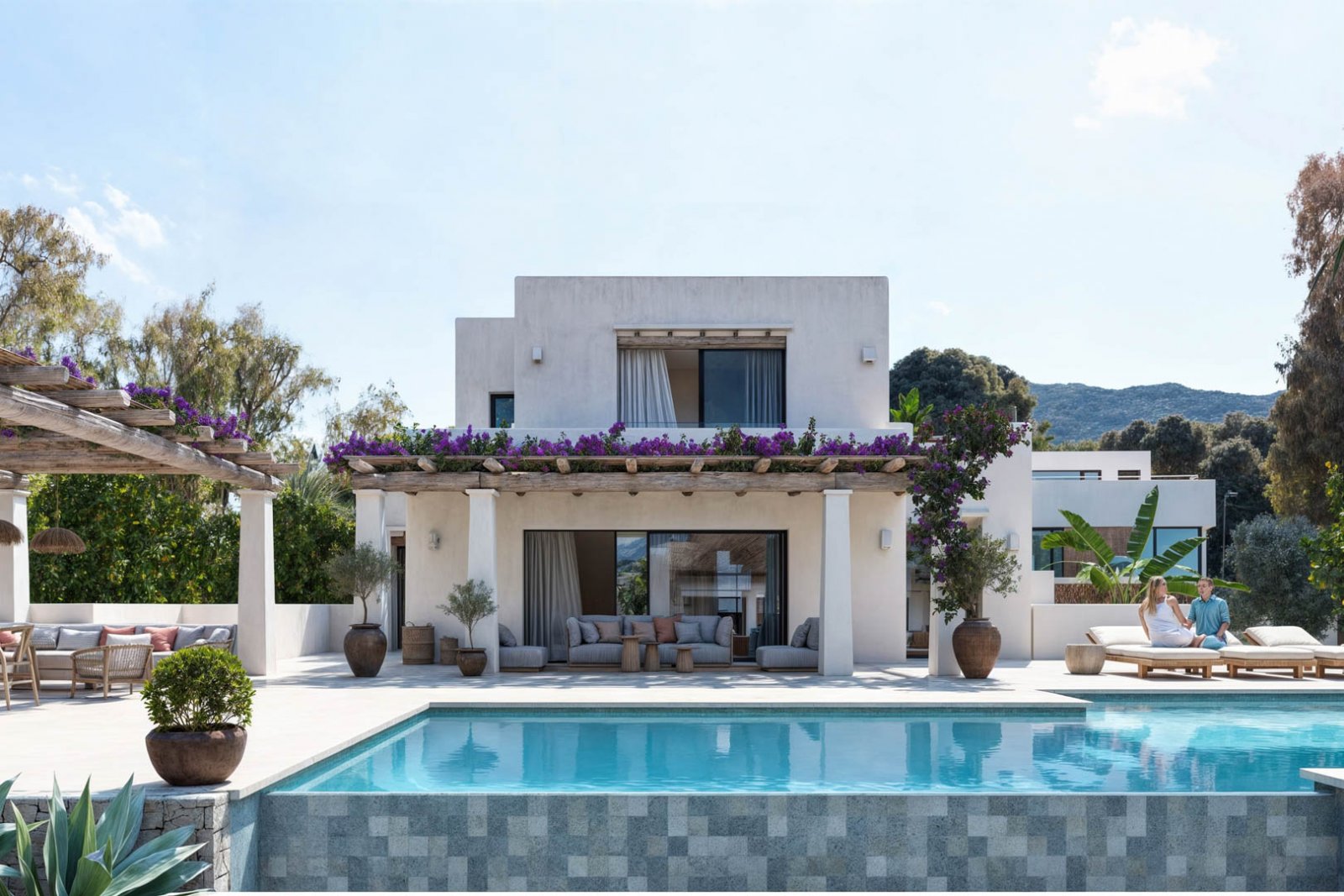 8273DEN Villenprojekt im ibizenkischen Stil mit Pool zu verkaufen, ganz in der Nähe des Strandes.