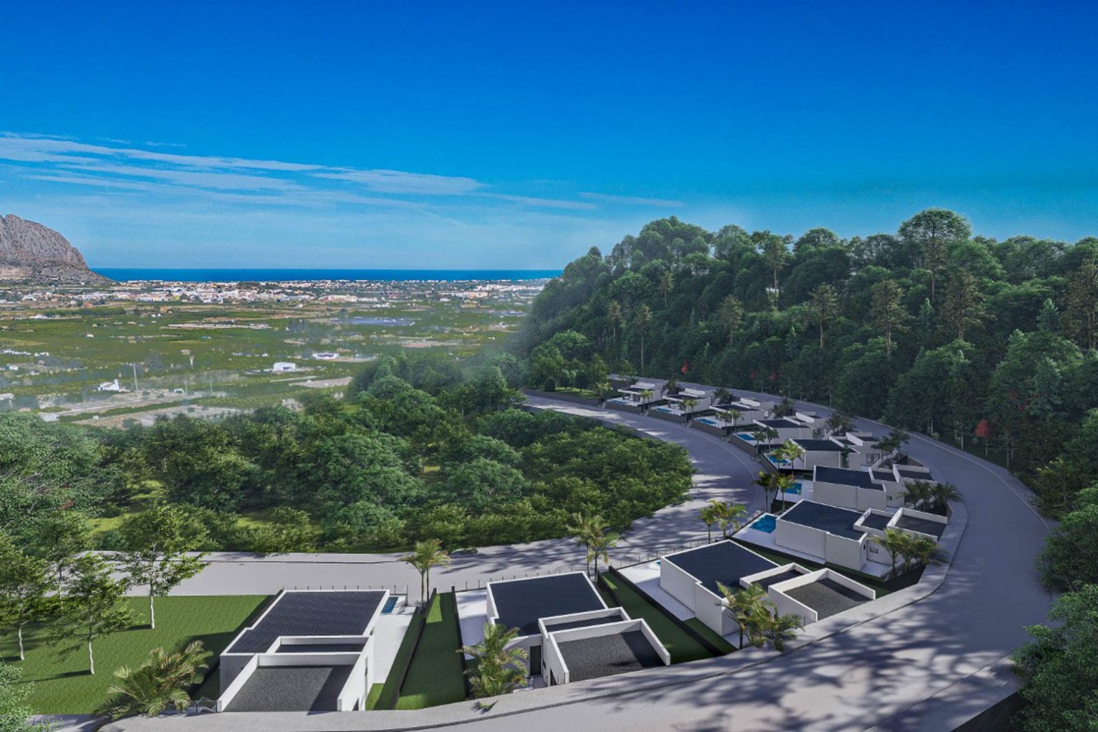 8185PED Komplex im Bau befindlicher unabhängiger Villen mit privatem Pool und teilweisem Meerblick zum Verkauf in Pedreguer.